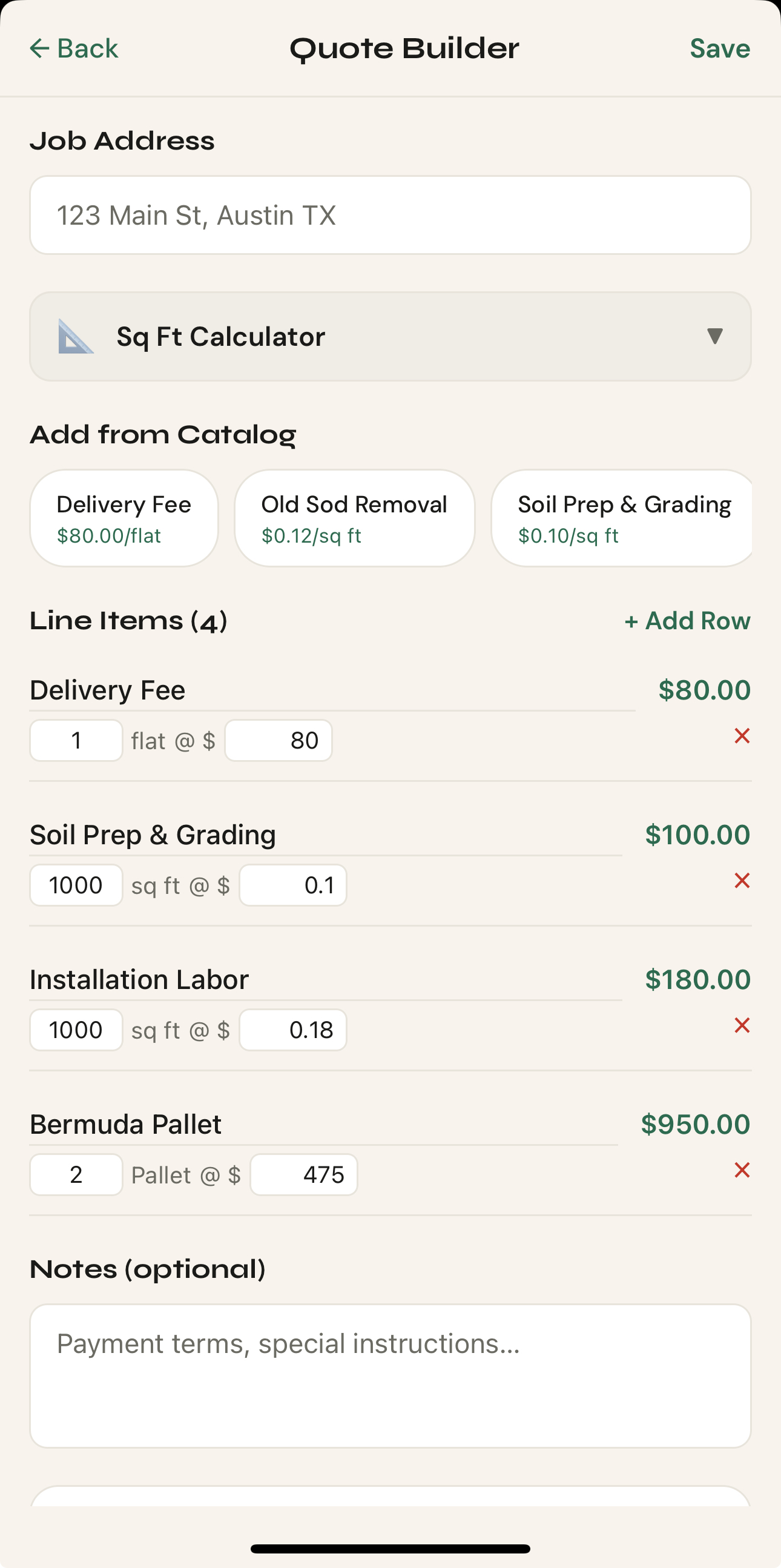 SodPro quote builder screen preview